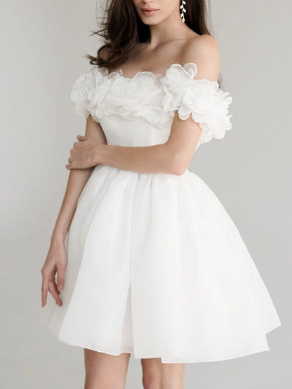 A-Line/Princess Off-The-Shoulder Sweetheart Flower Short Wedding Dress