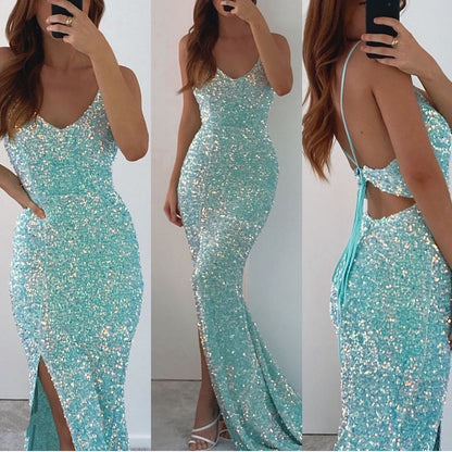 Spaghetti-Straps V-Neck Long Mermaid Prom Dress Split With Sequins PD0896