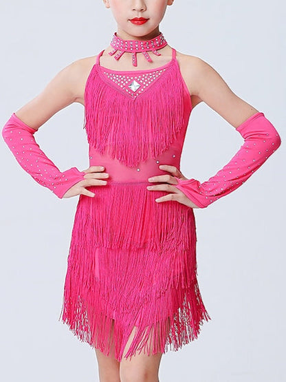 Latin Dance Kids' Dancewear Dress Tassel Side Draping Sleeveless Girls' Performance  Polyester