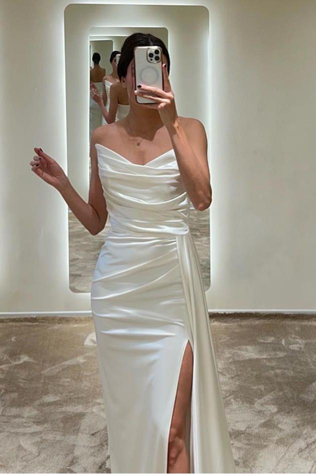 edgynewlook Charming White Satin Strapless Sleeveless Long Pleated Prom Dress with Split