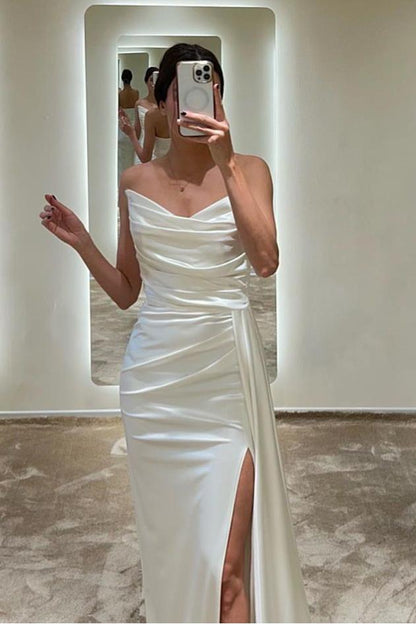 edgynewlook Charming White Satin Strapless Sleeveless Long Pleated Prom Dress with Split