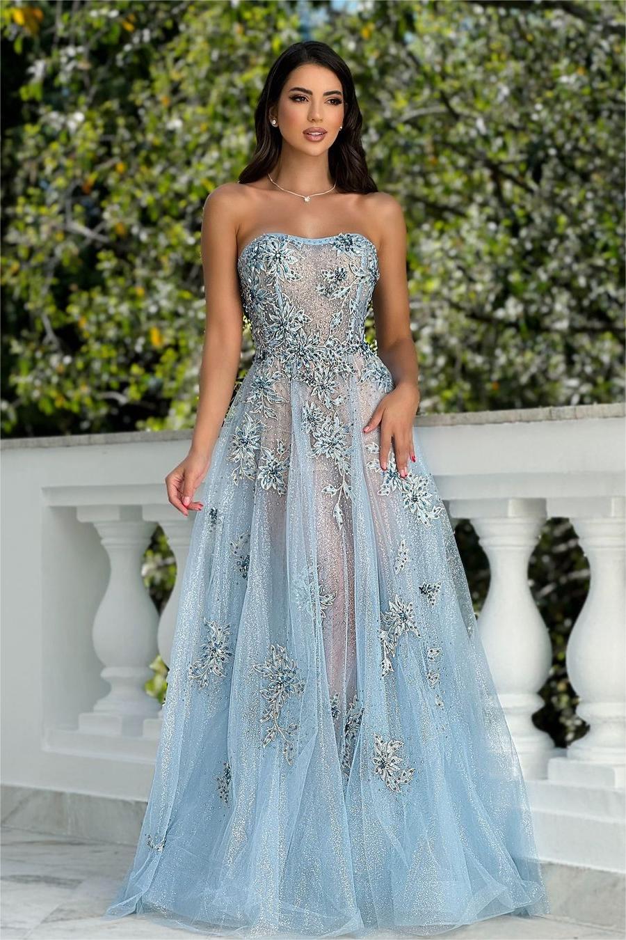 edgynewlook Shinning Tulle Light Blue Sleeveless Strapless Beadings Prom Dress with Applique