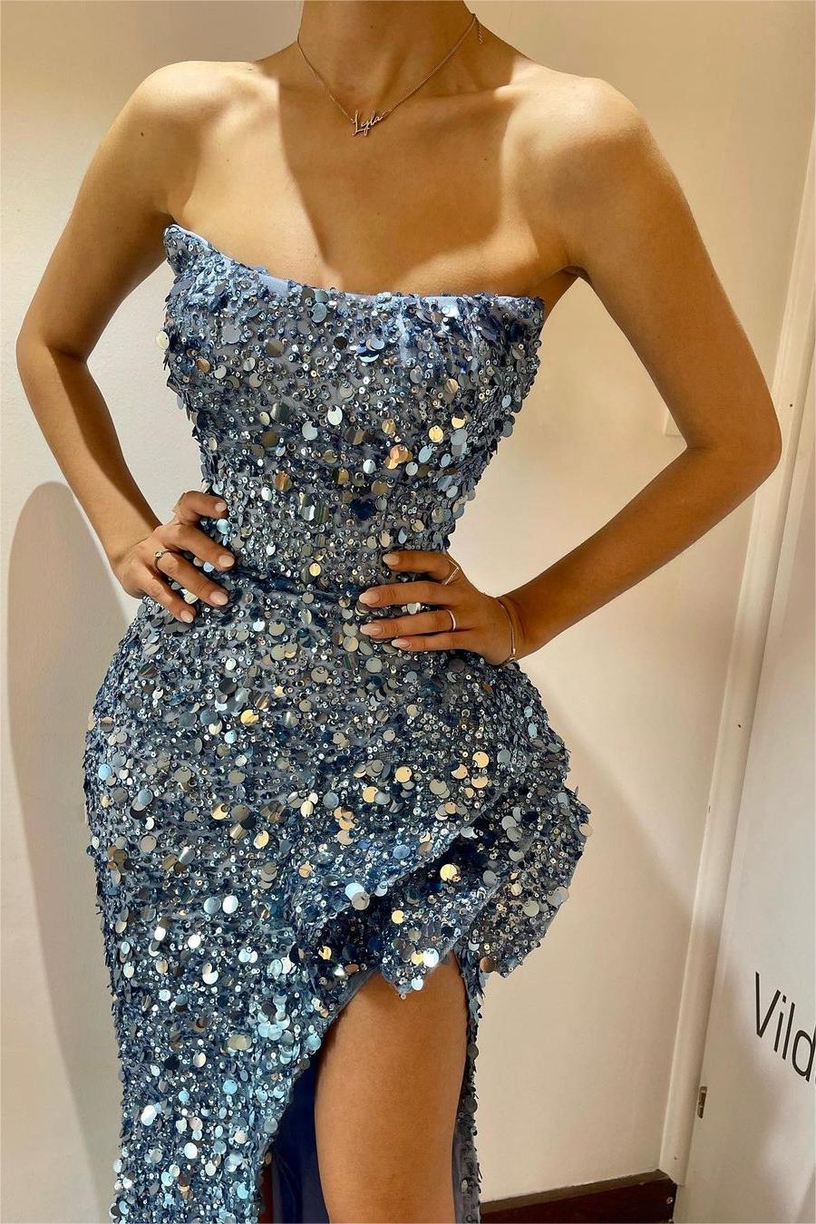 edgynewlook Charming Sky Blue Sequins Strapless Sleeveless Split Prom Dress with Beadings