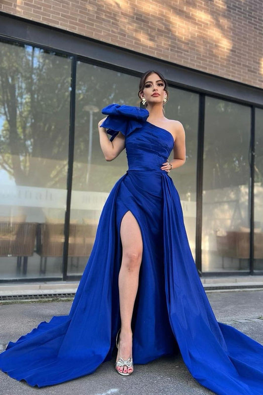 edgynewlook Chic Royal Blue Satin One Shoulder Sleeveless Long Pleated Prom Dress with Split