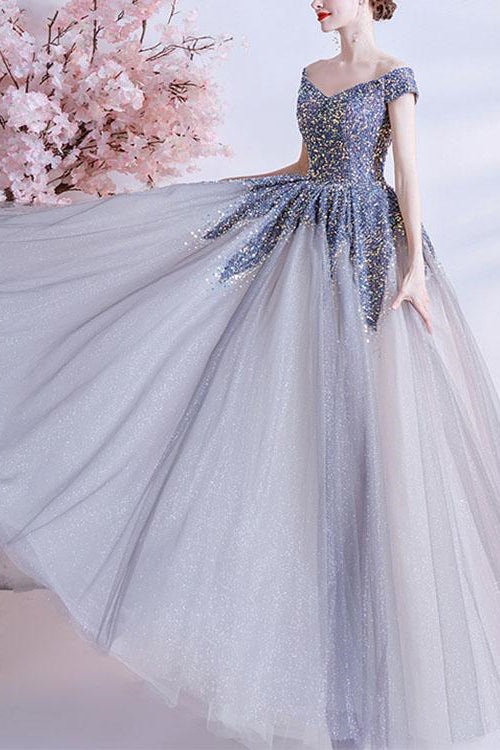 Edgynewlook Gorgeous Off-The-Shoulder Long Ball Grown Prom Dress With Sweetheart Sequins