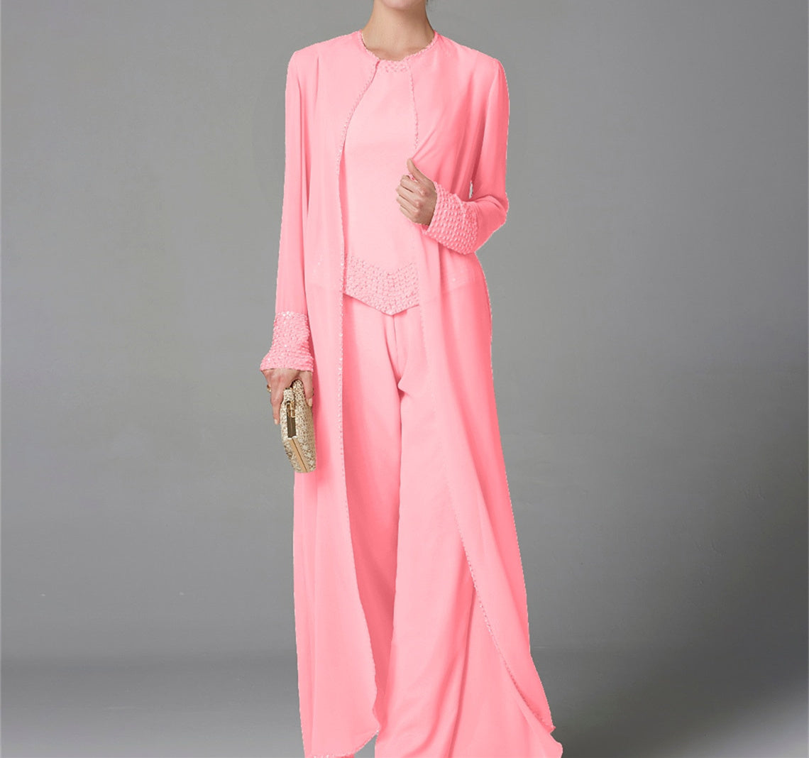 Chiffon Long Sleeves Mother of the Bride Pantsuits with Jacket & Sequins