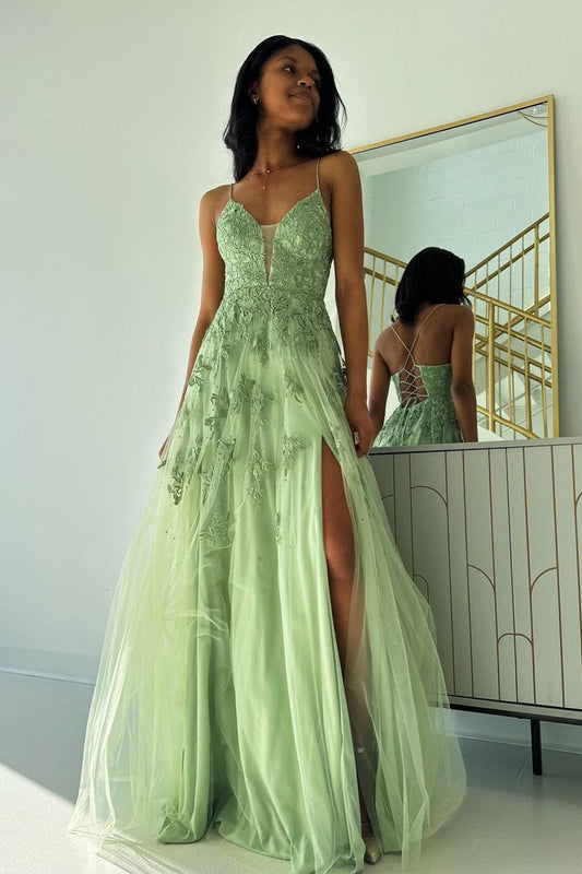 Sage Green V Neck Tulle A-Line Long Prom Dresses with Appliques