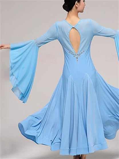 Women's Dancewear Ballroom Dance Dress Rhinestone Pure Color Splicing Women's Performance Party Long Sleeve