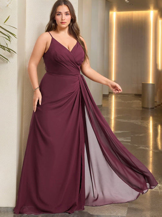 A Line/Princess Spaghetti Straps V-Neck Sleeveless Unique Plus Size Bridesmaid Dresses with Ruffles & Split  Side