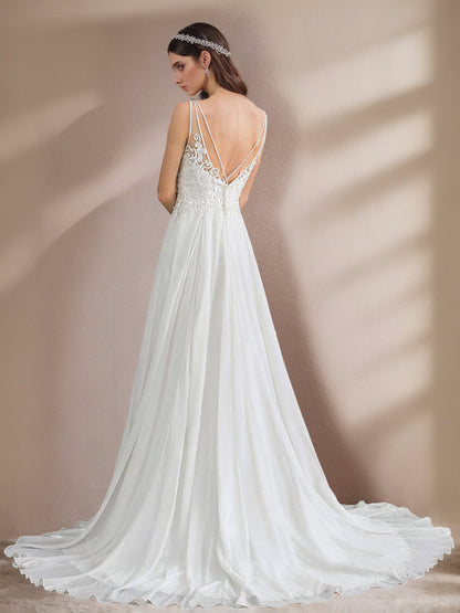 A-Line/Princess Deep V-Neck Sleeveless Floor-Length Unique Split Side Wedding Dress with Appliques & Lace