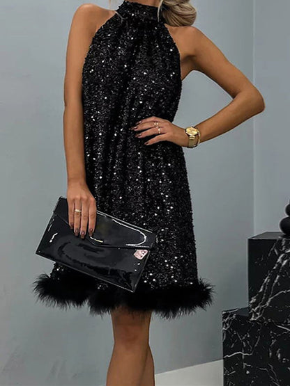 Women's Sequin Dress  Feather Dress Sequins Sparkle Halter Neck Sleeveless Mini Dress