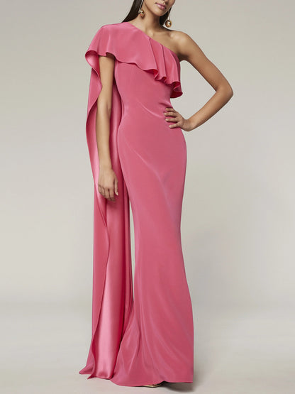 Sheath/Column One-Shoulder Sleeveless Floor-Length Evening Dress with Watteau Train