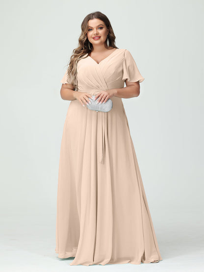 A-Line/Princess V-Neck Short Sleeves Plus Size Bridesmaid Dresses with Pockets Belt & Split Side