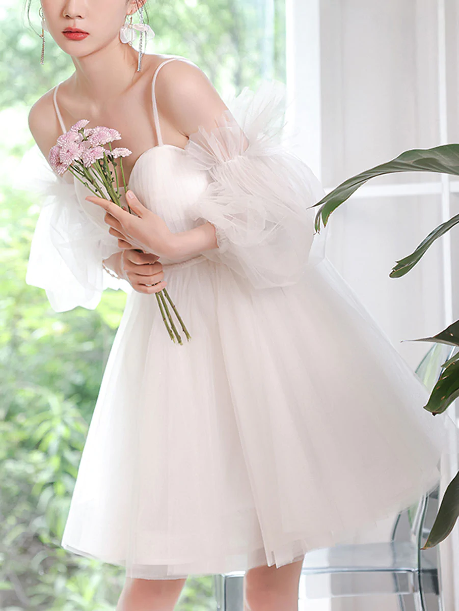 White sweetheart neck tulle short prom dress, cute white homecoming dress gh1680