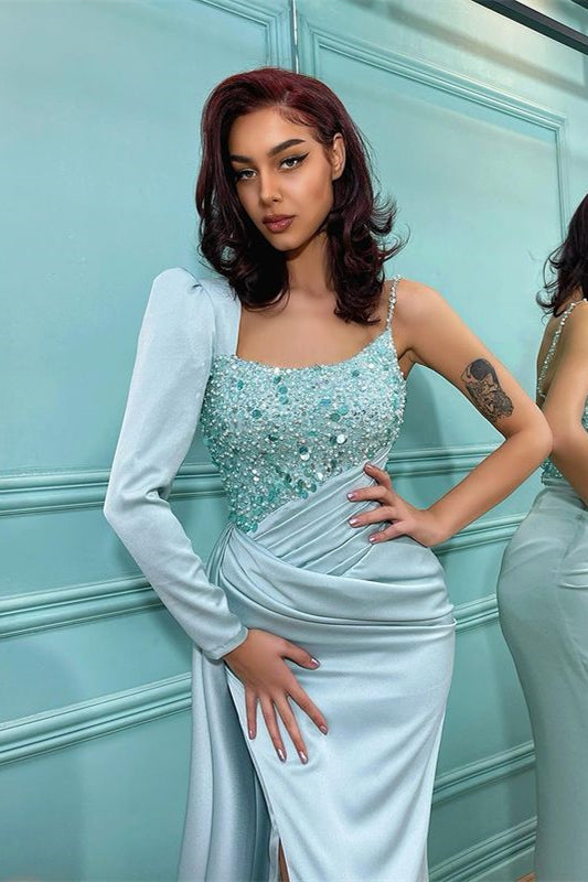 Long Sleeves Sequins Prom Dress Mermaid Slit PD0565