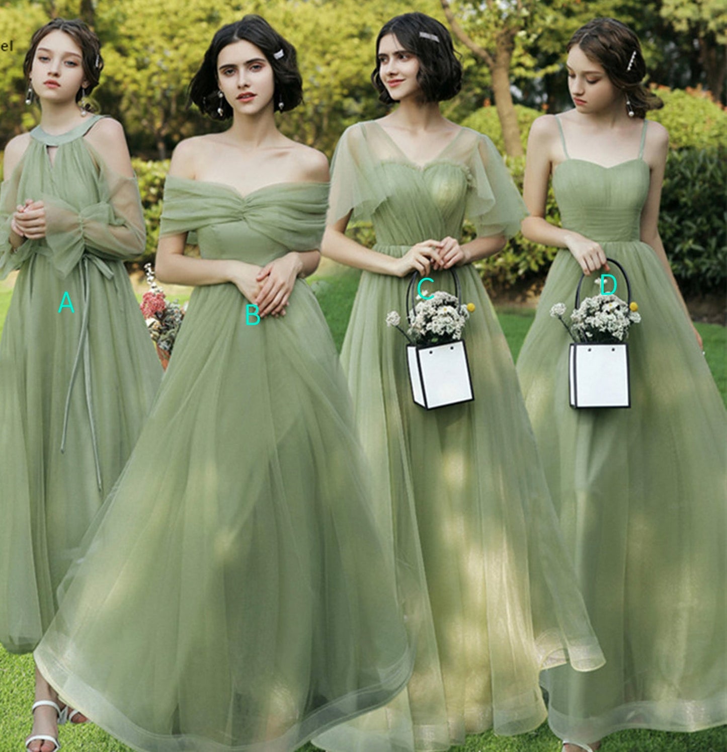 Green tulle long A line prom dress bridesmaid dress  10048