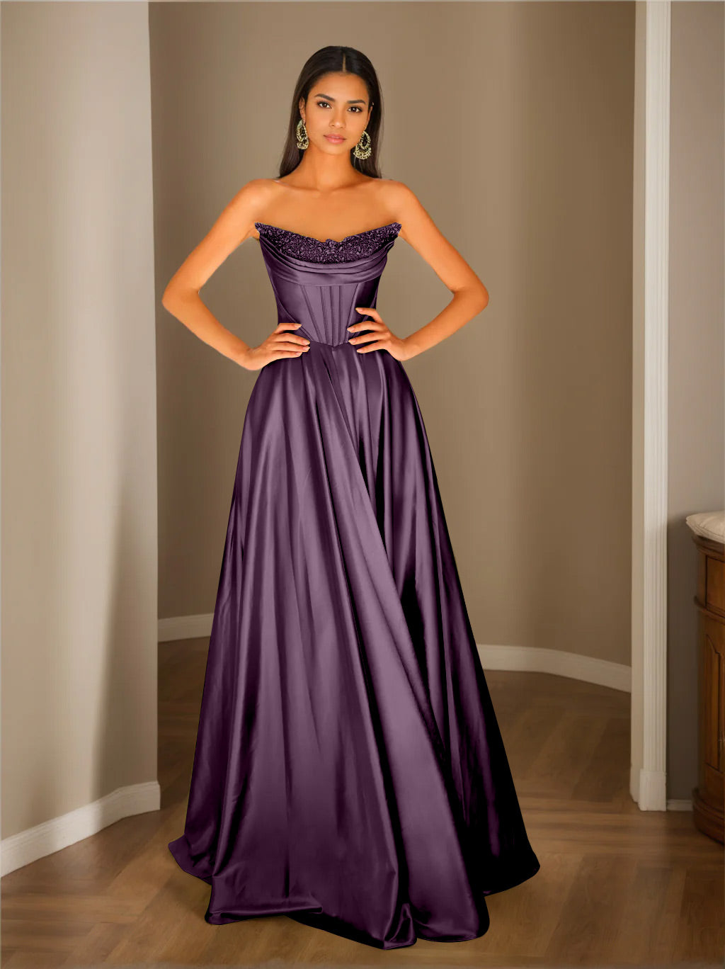 A-Line/Princess Strapless Sleeveless Floor-Length Evening Dress with Sequins