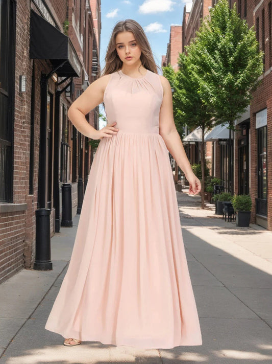 A-Line/Princess Scoop Sleeveless Floor-Length Chiffon Plus Size Bridesmaid Dress