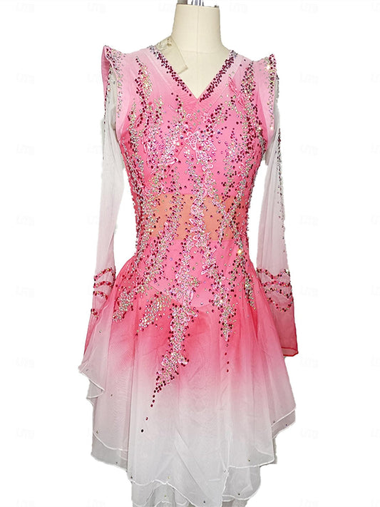 Figure Skating Dress Women's Girls' Ice Skating Dress Pink  Open Patchwork Back Mesh Spandex Stretchy Crystal / Rhinestone Skating Dress