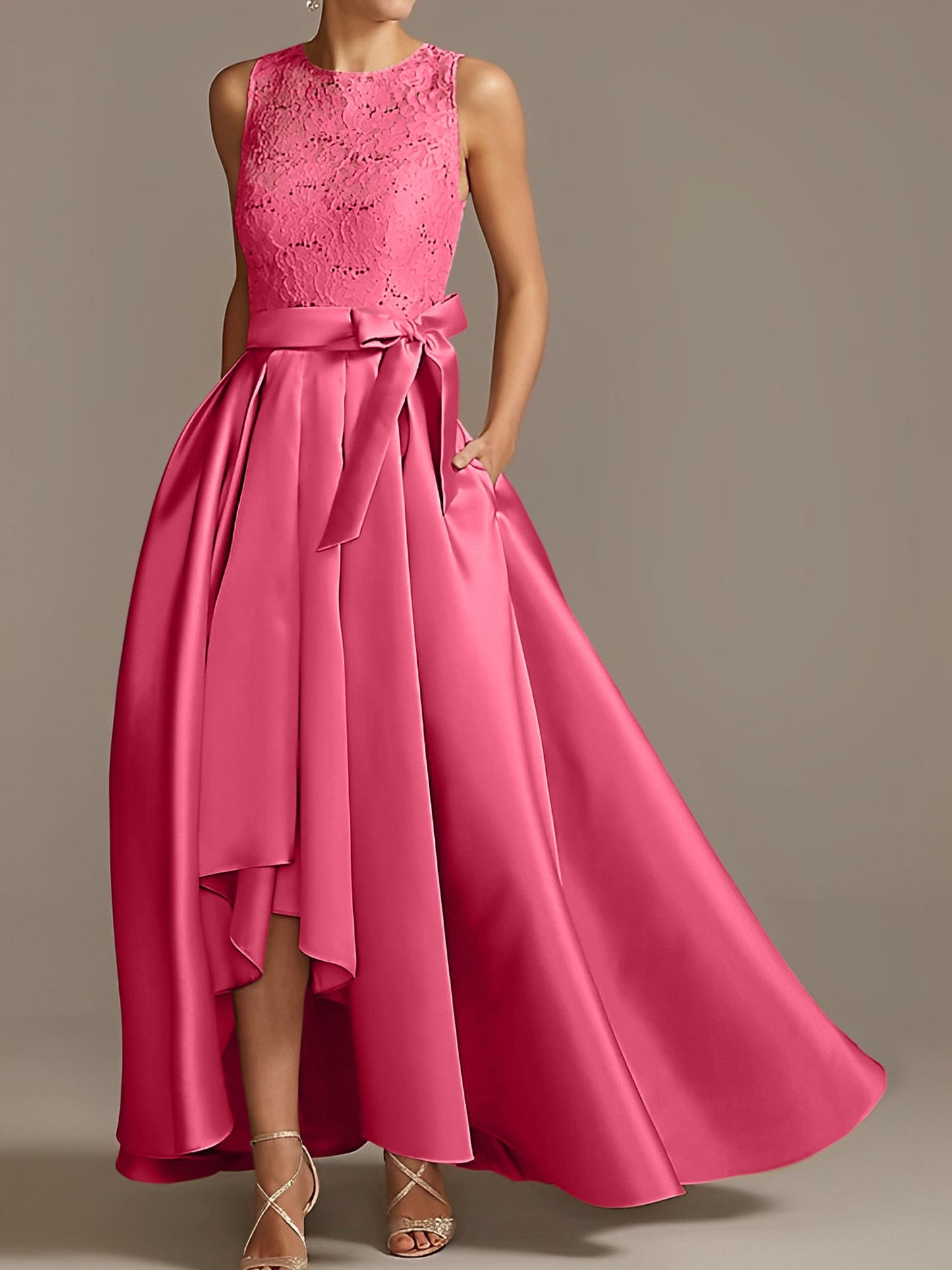 A-Line/Princess Jewel Neck Sleeveless Asymmetrical Mother Of The Bride Dresses With Pleats