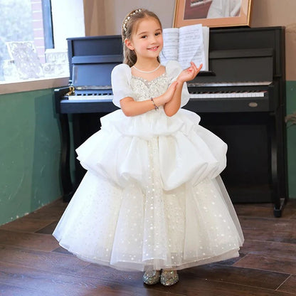 Round Neck Rushed Floor-Length Flower Girl Dresses with  Appliques