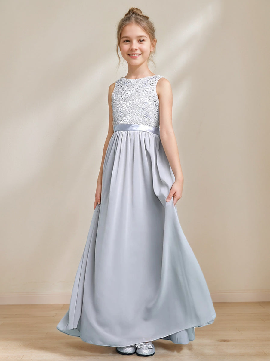 A-Line/Princess Scoop Neck Sleeveless Junior Girl Bridesmaid Dresses with Lace Appliques