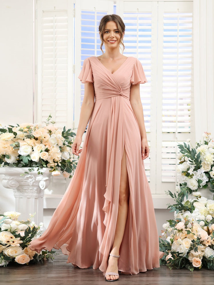 A-Line/Princess V-Neck Short Sleeves Floor-Length Bridesmaid Dresses with Split Side