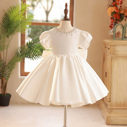 Beaded Round Neck Short Sleeves Knee-Length Baby Girl Party Dress with Bow