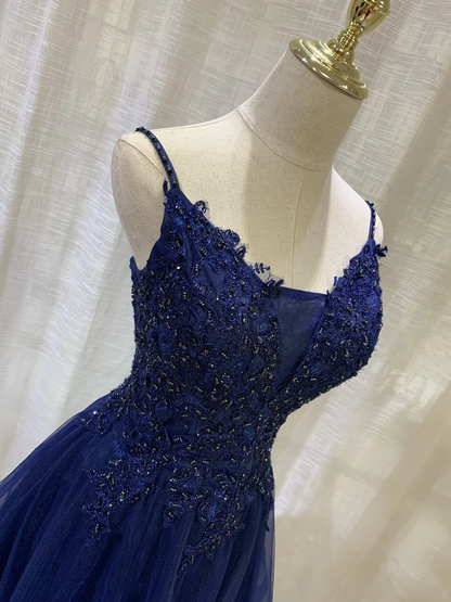 Navy Blue V-Neckline Tulle Short Homecoming Dress, Lace Applique Short Party Dress  gh154