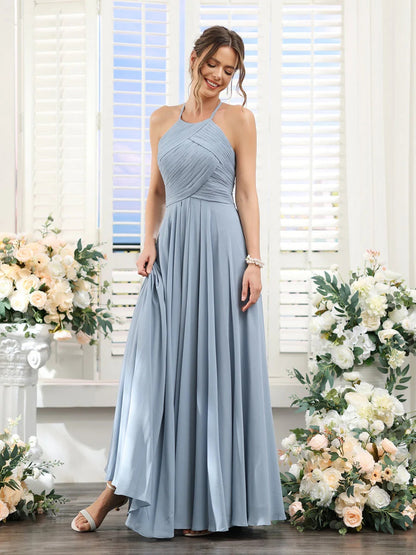 A-Line/Princess Halter Sleeveless Floor-Length Chiffon Bridesmaid Dresses with Ruched