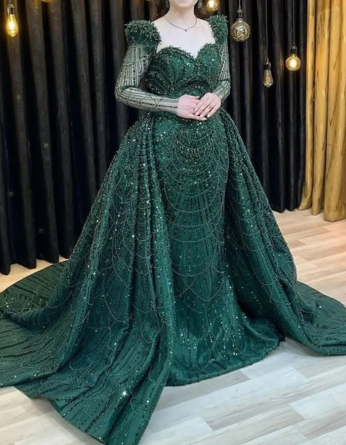 Elegant Green Applique Prom Dress Long Sleeve Mermaid Dress XM0300