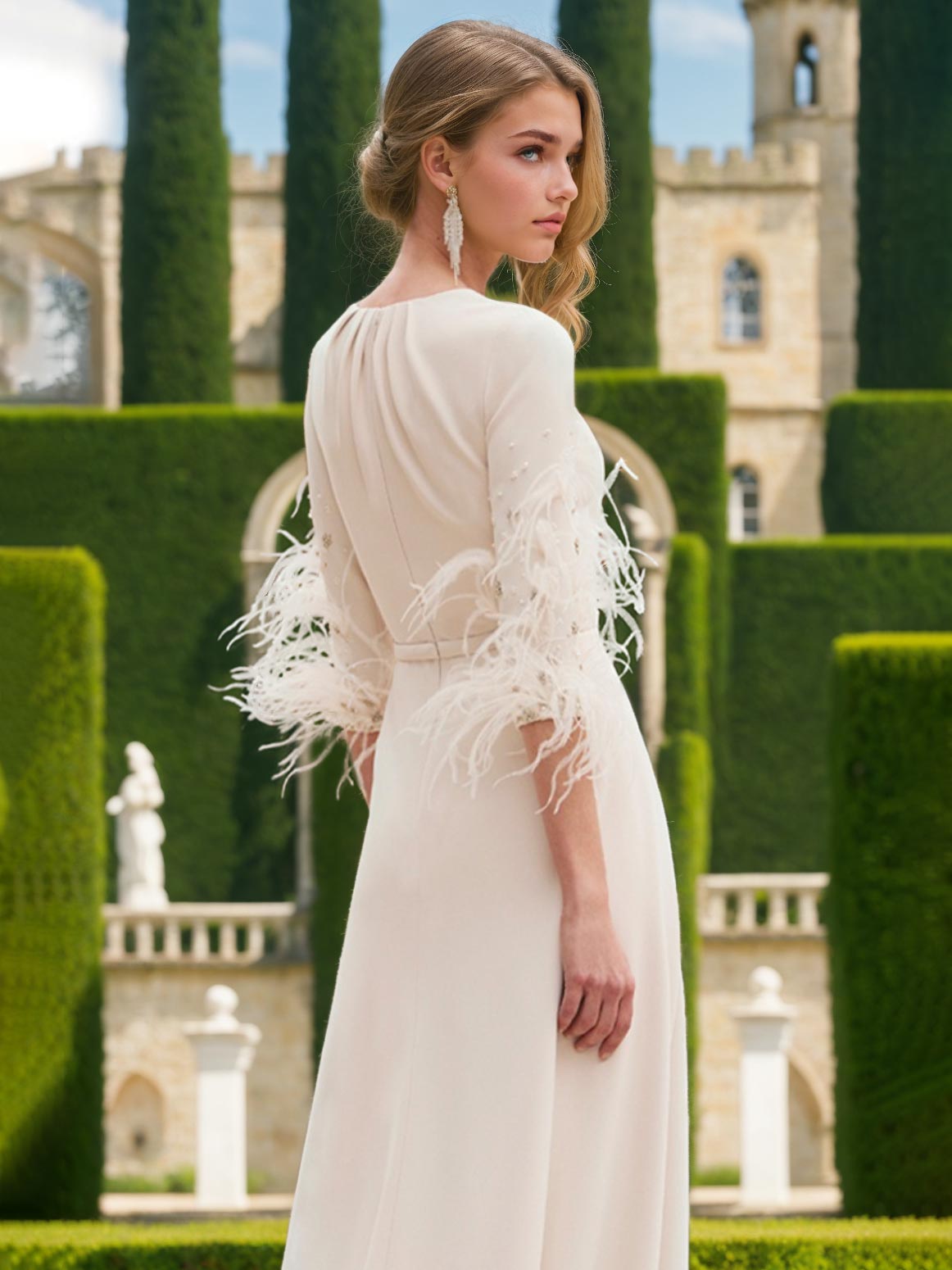 Chiffon Jewel Neck Half Sleeves Ankle-Length Mother Of The Bride Pantsuits With Feathers