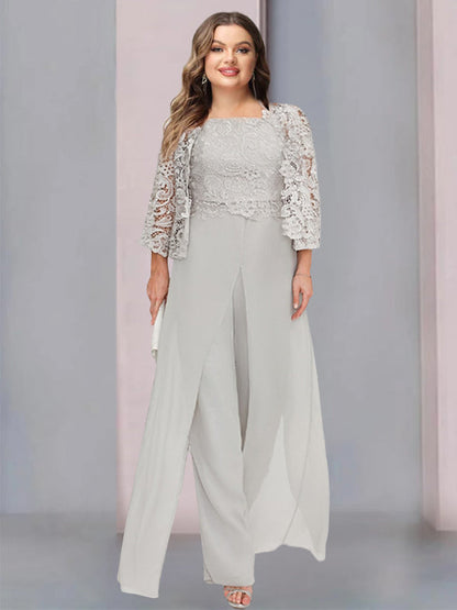 Chiffon Square Neck Floor-Length Plus Size Mother of the Bride Pantsuits with Jacket & Split Side