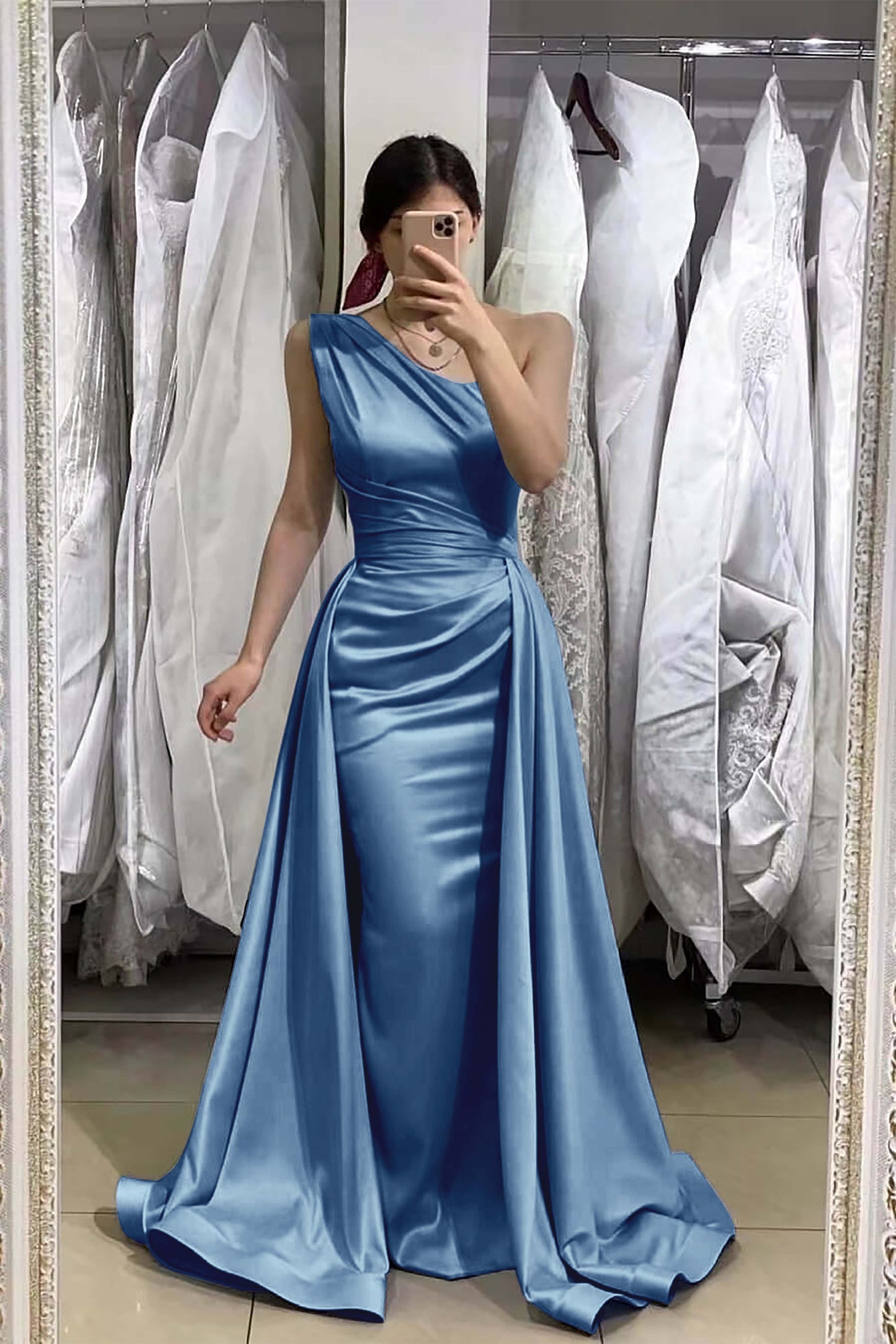 Light Blue One-Shoulder Sleeveless Long Mermaid Prom Dress With Detachable Skirt ED0208