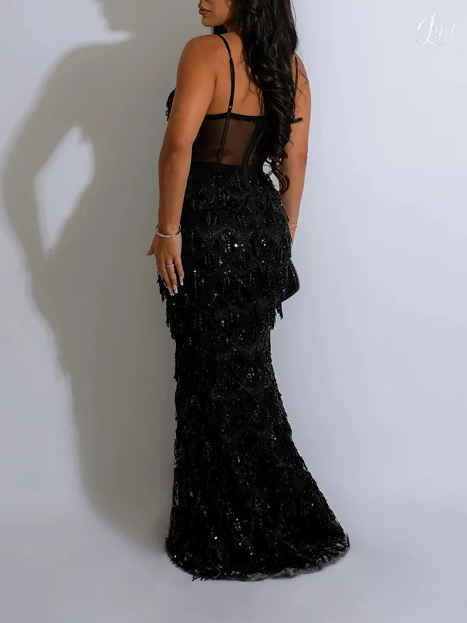 Black Sequin Prom Dress Long Sleeveless V Neck Evening Gowns YH0066