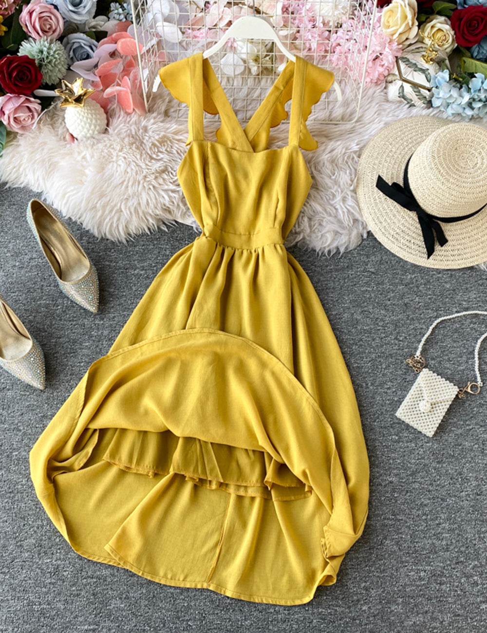 Fashion girl dress A line yellow summer dress  1220