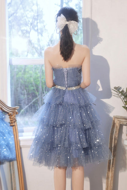 Blue tulle sequins short prom dress party dress  8676