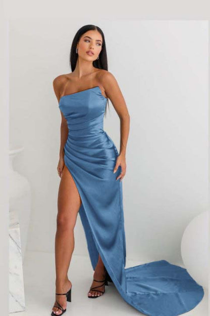 Elegant Teal Strapless Satin Prom Dress With Asymmetric Draping And Thigh-High Split ZT0160