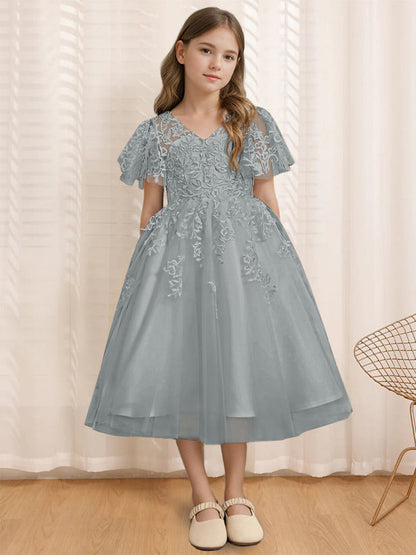 A-Line/Princess V-Neck Short Sleeves Tea-Length Flower Girl Dress with Lace