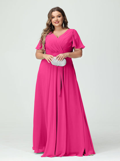 A-Line/Princess V-Neck Short Sleeves Plus Size Bridesmaid Dresses with Pockets Belt & Split Side