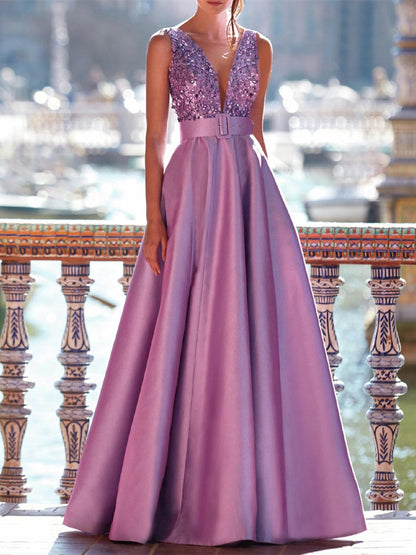 A-Line Floor Length Sleeveless V Neck Prom Dress Pocket Satin with Pearls