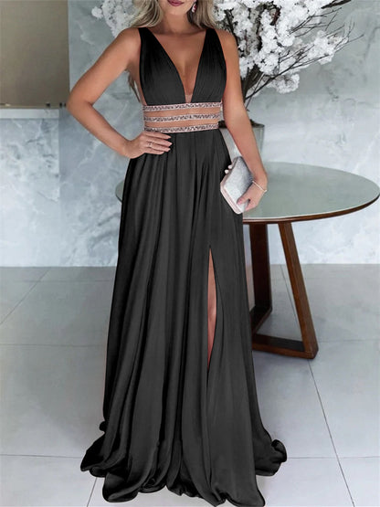 A-Line/Princess V-Neck Sleeveless Floor-Length Split Side Evening Dresses