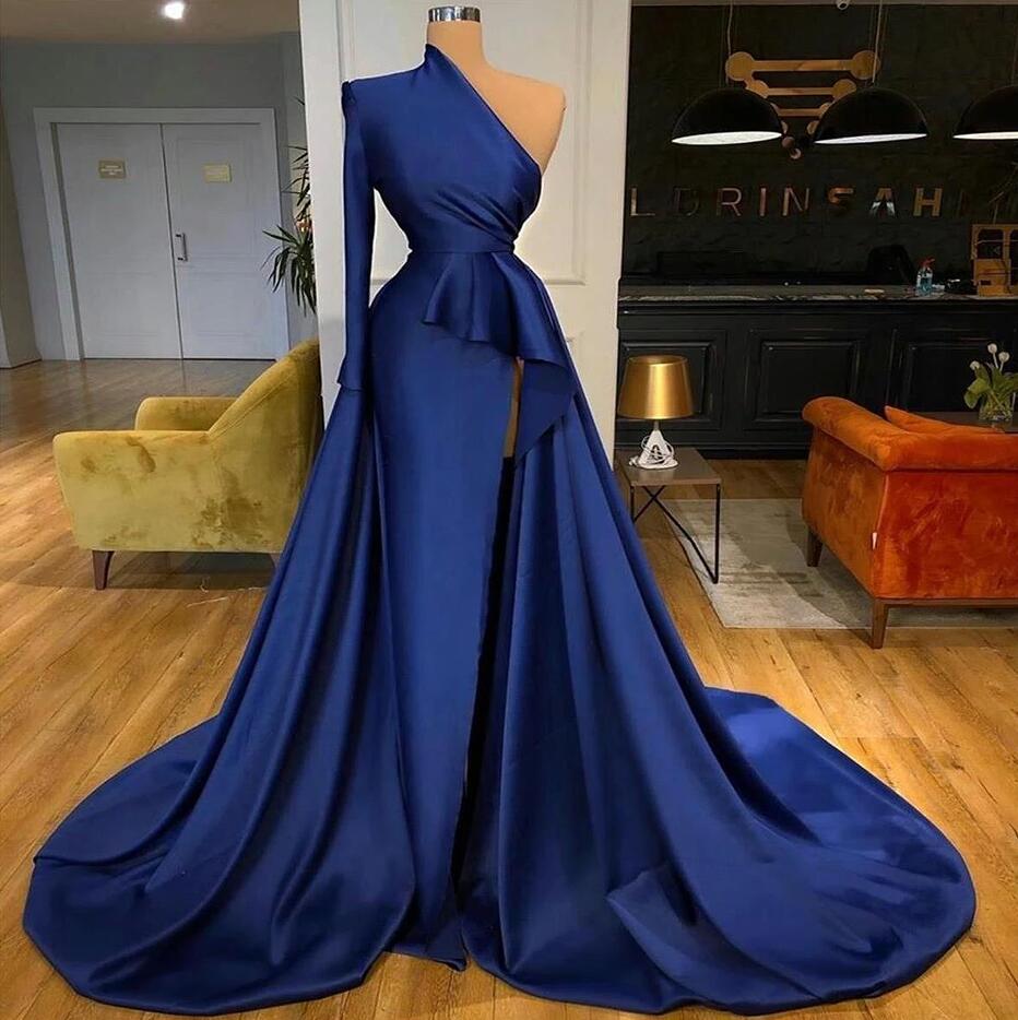 Dark Blue Long Sleeves Mermaid Long Prom Dress Split PD0685