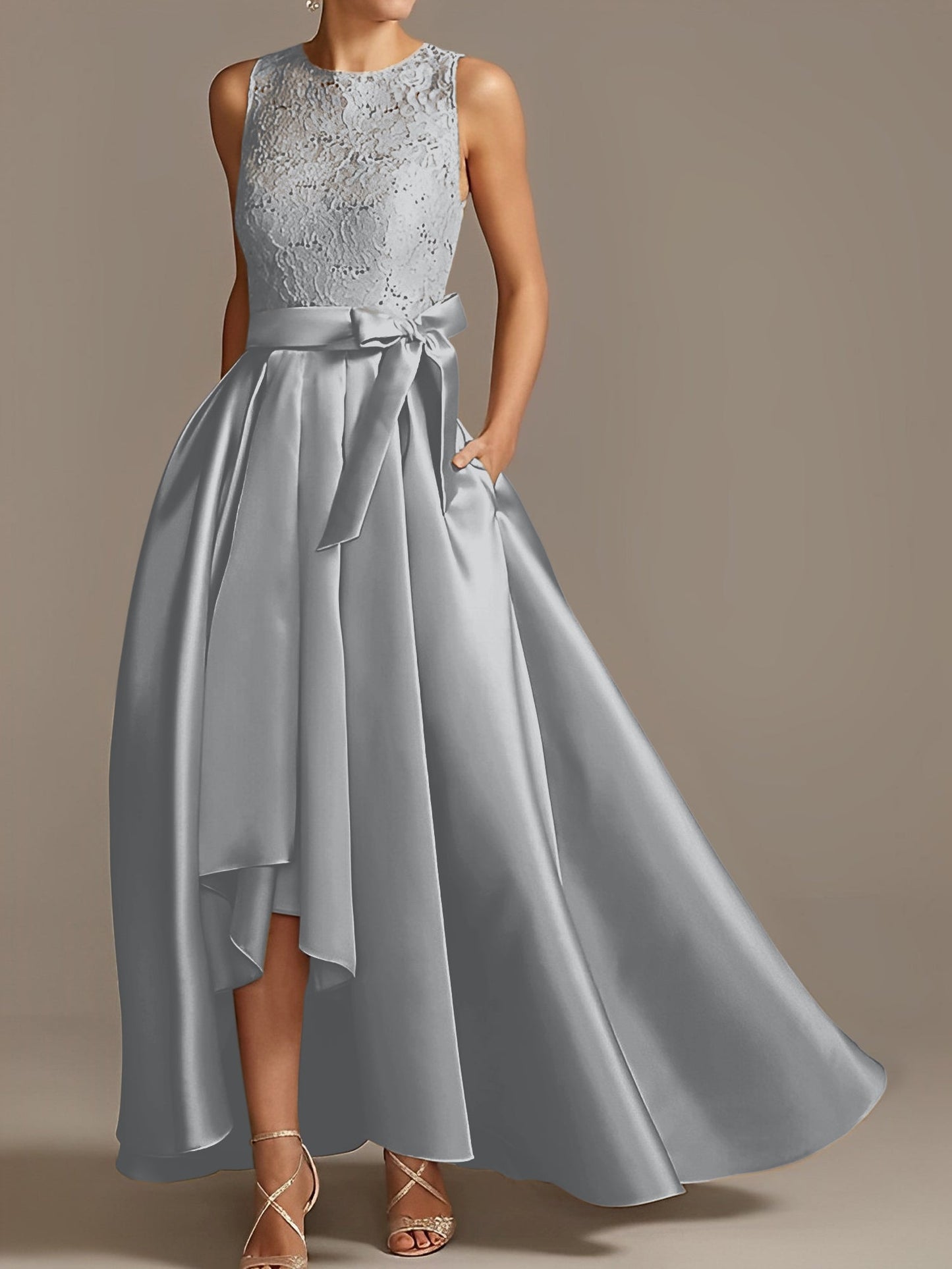 A-Line/Princess Jewel Neck Sleeveless Asymmetrical Mother Of The Bride Dresses With Pleats