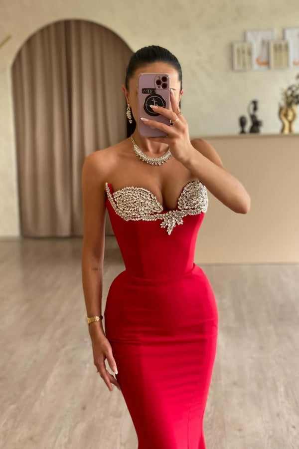 Red Strapless Mermaid Slim Fit Beaded Formal Prom Dress ZT0533