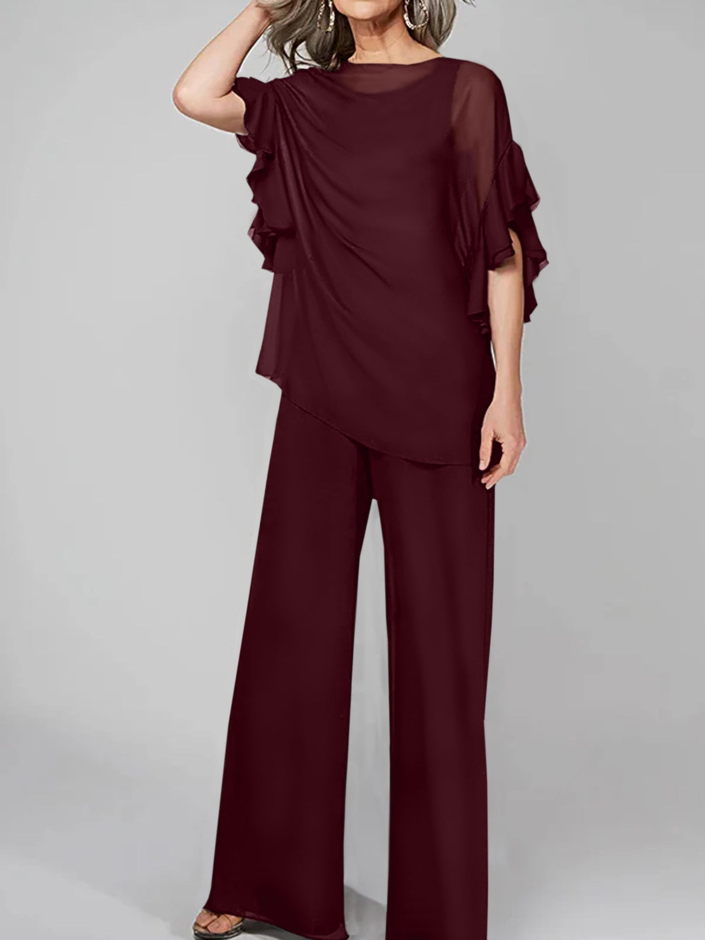 Jumpsuits Scoop Half Sleeves Chiffon Mother Of The Bride Pantsuits