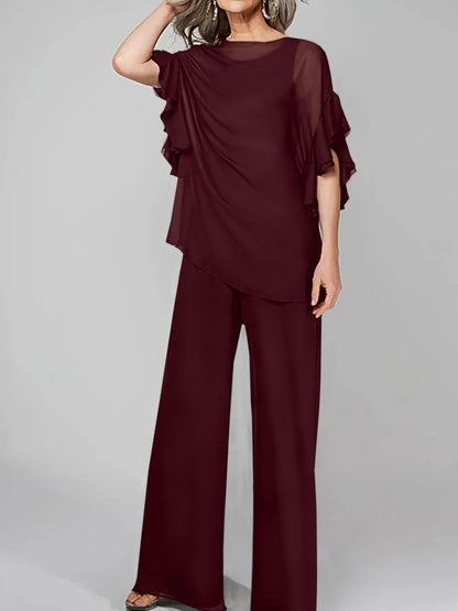 Jumpsuits Scoop Half Sleeves Chiffon Mother Of The Bride Pantsuits