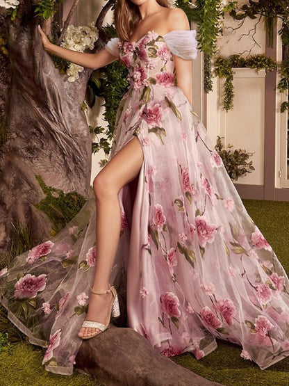 A-Line/Princess Off-the-Shoulder Long Prom Floral Dresses With Split Side