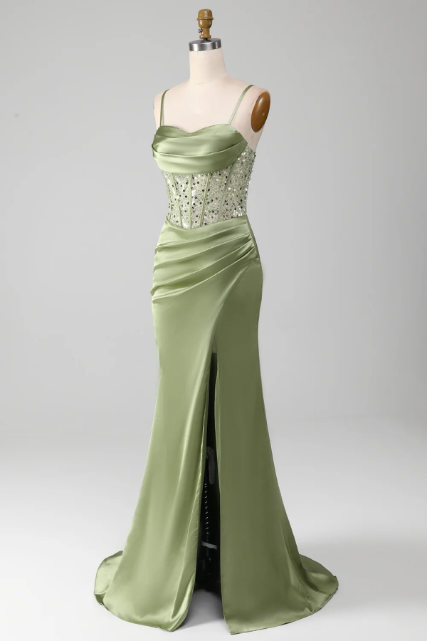 Elegant Light Green Sheath Split Sequins Pleated Prom Dress ZT0569