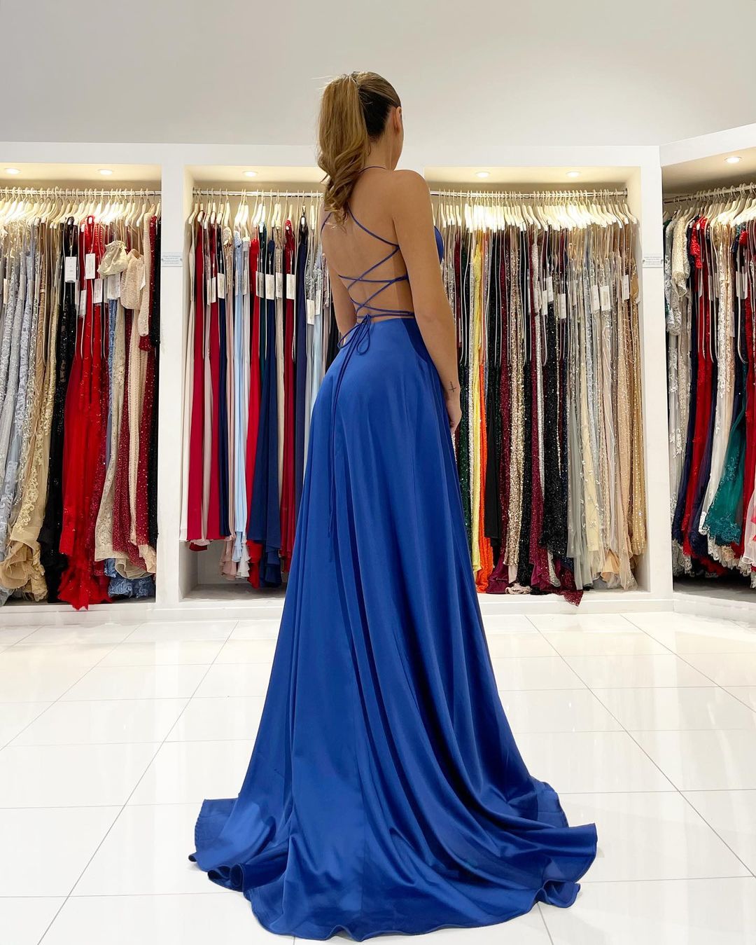 Royal Blue Spaghetti Strap V-Neck Prom Dress With Slit PD037